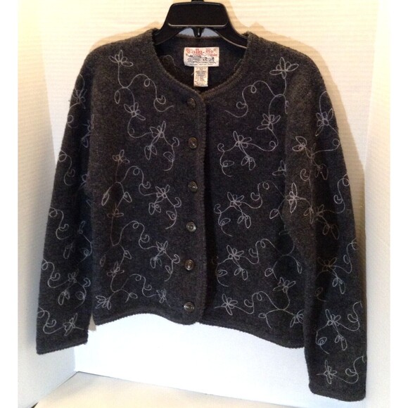 VTG Wool Cardigan Women PM Gray Sweater Ditsy Button Cottage Prairie Boho 90s - Picture 3 of 8